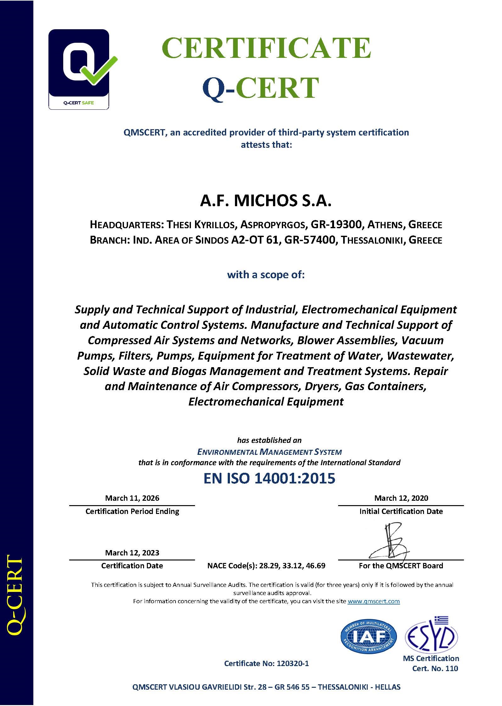 Certification ΕΝ ISO 14001:2015
